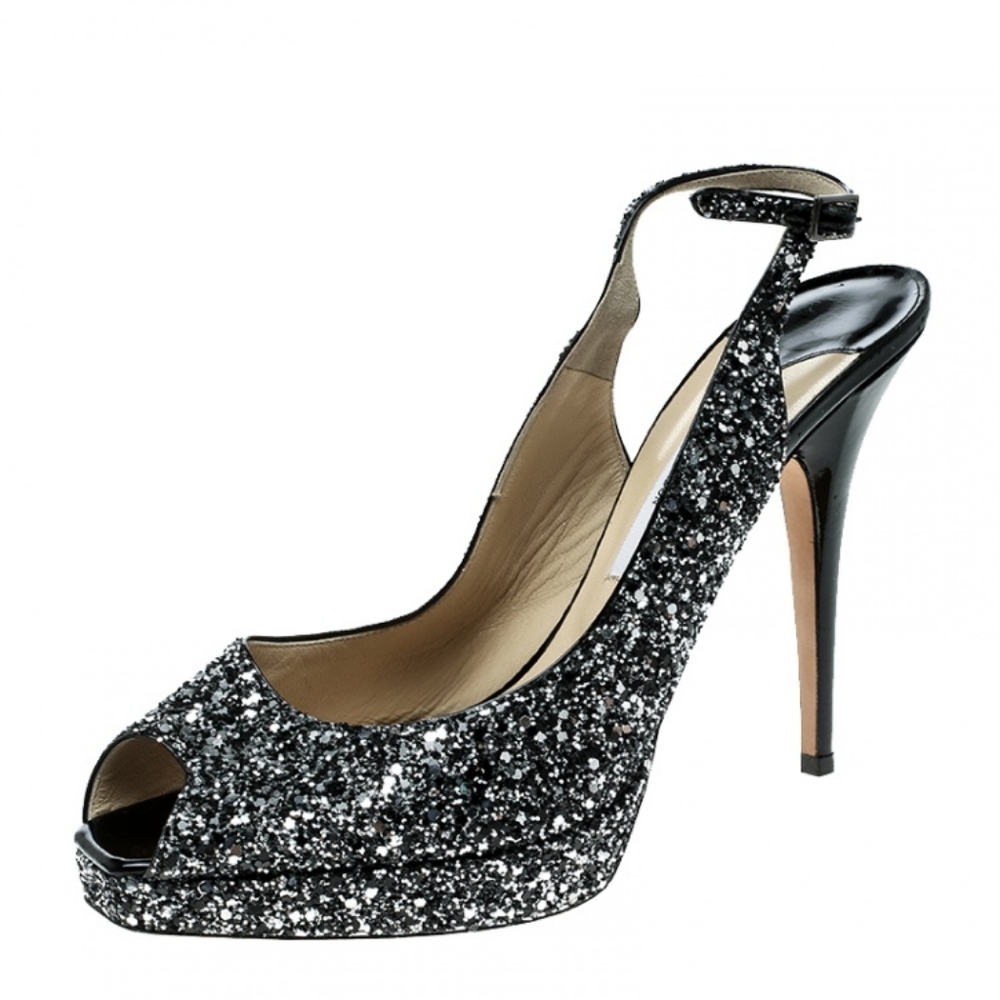 JIMMY CHOO silver glitter peep toe slingback heels in size EU 37 5